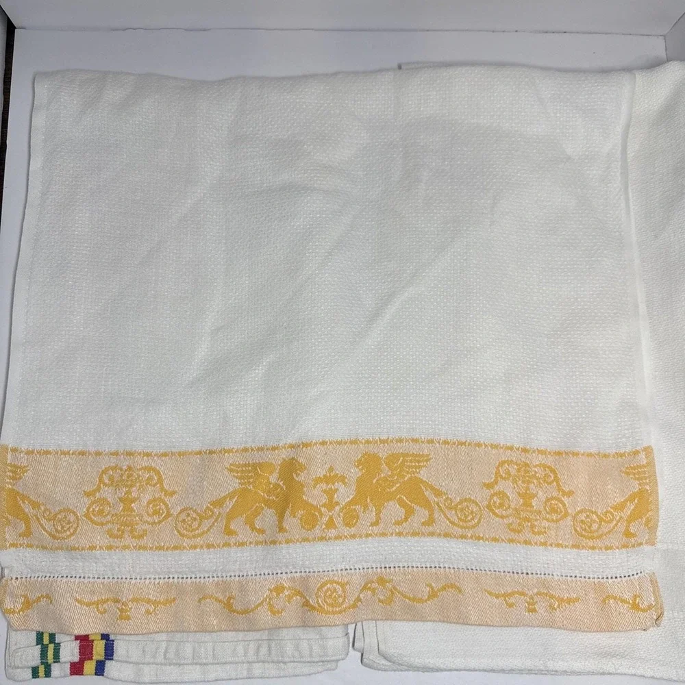 VTG‎ Linen Tea Towels Lot 3 Linen Flour Sack Striped Solid Edge Brocade Kitchen